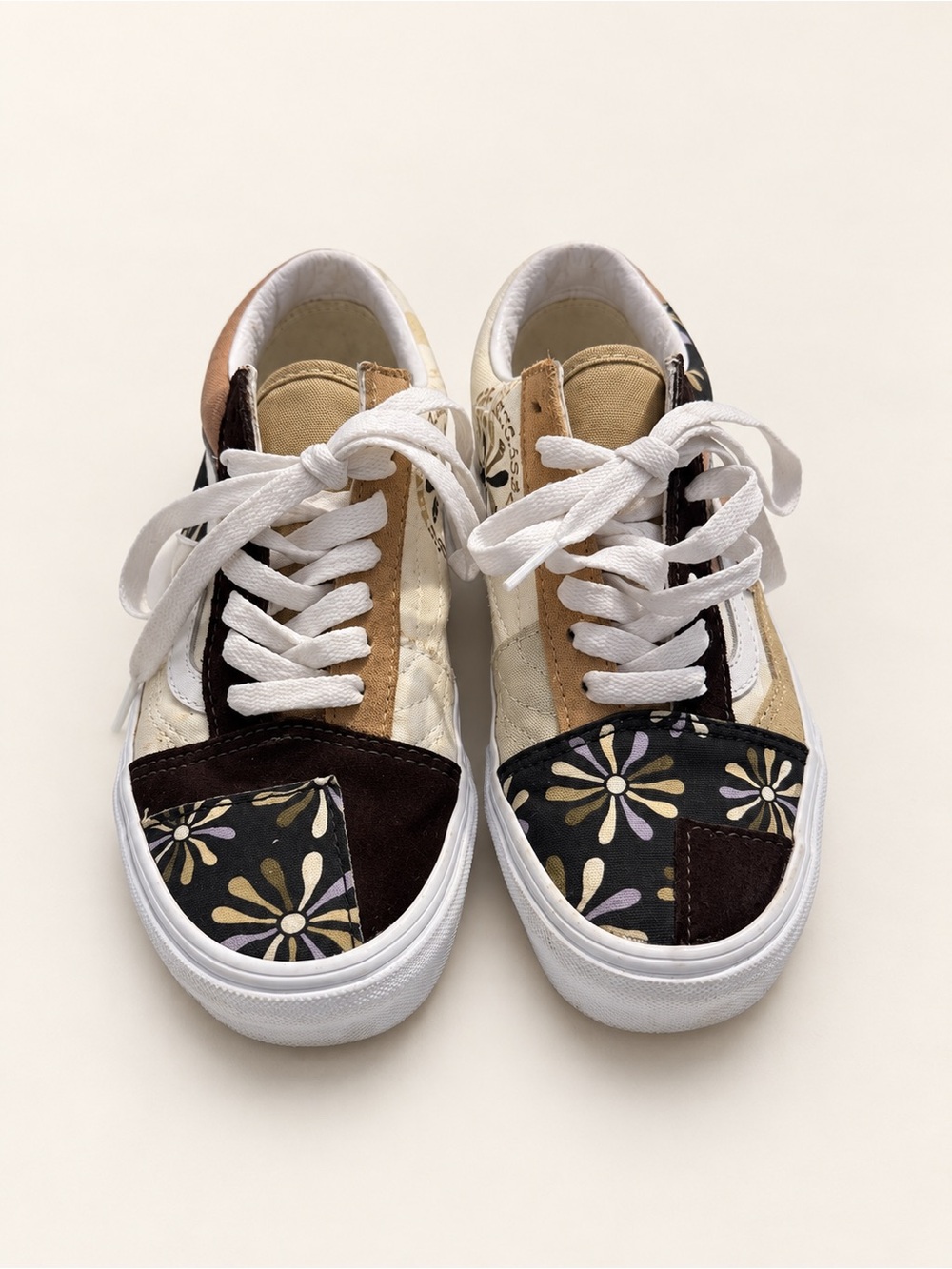 Vans Kids Patchwork Floral Lace-Up Sneakers in Cream, Brown, and Black